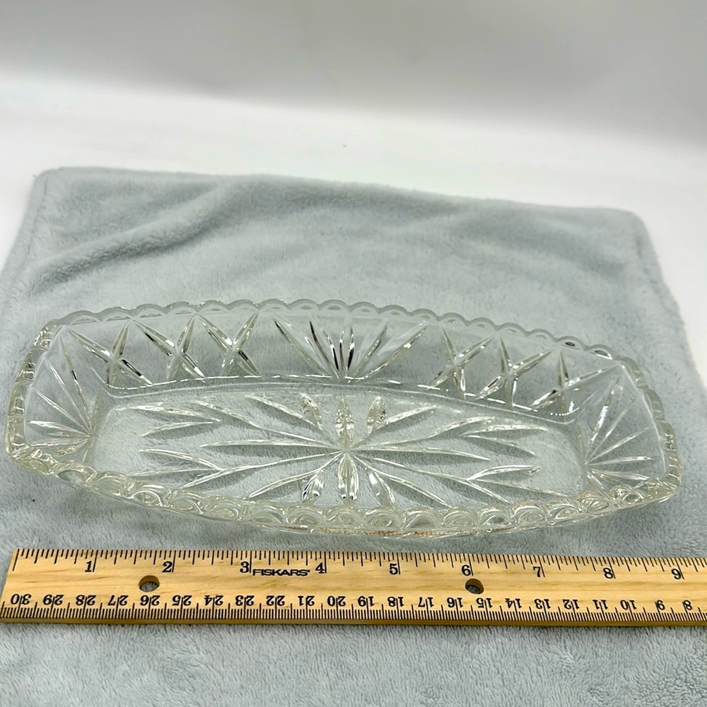 Hazel Atlas Pressed Cut Glass Celery/Relish Dish in “Star & Fan Pattern”